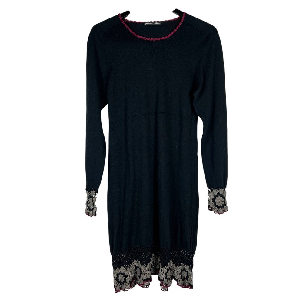 Gundrun Sjoden Crochet Cotton / Wool Sweater Embroidered Dress in Black Size L